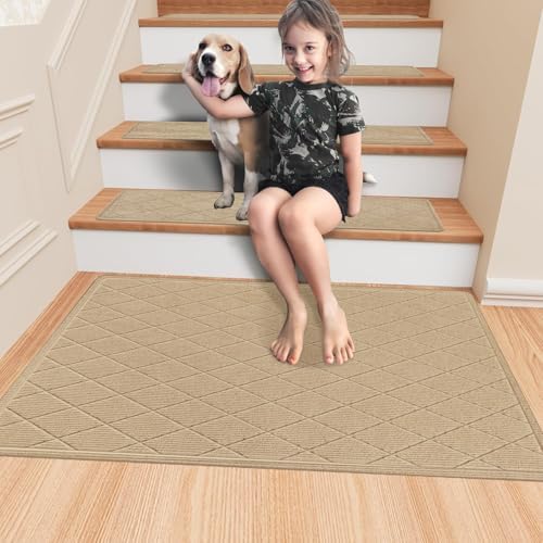 Stair Treads Non Slip Landing Rug for Wooden Steps Indoor, Peel and Stick Stair Treads Matching-Mat 20"X32" Landing Slip Resistant Stair Rugs for Kids and Dogs, Polyester Stair Landing Mat, Beige - Image 7