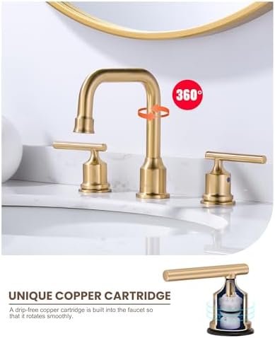Brushed Gold Bathroom Faucet Set: WOWOW Widespread Bathroom Sink Faucet 3 Hole with Pop-up Drain and Supply Lines, 8 Inch Vanity Taps 3 Pieces Basin Tap 2 Handle Modern (Set of 2) - Image 4