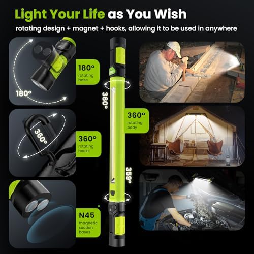 Work Light【AUTO ON/Off】 3000LM LED Work Light 5200mAh Under Hood Working Light with Hooks, Portable Magnetic Rechargeable Cordless Job Site Lighting for Mechanic/Car Repairing/Garage-Green - Image 4