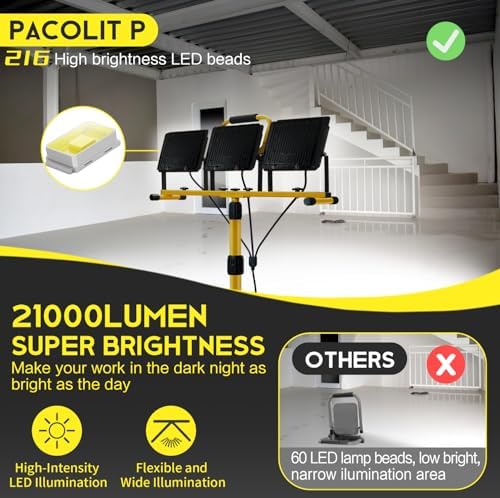 21000Lumen LED Work Lights with Stand: 3 Head Adjustable Work Light with Individual Switch - IP66 Waterproof Foldable Tripod Worklight with 16.4FT Cord for Indoor Outdoor Portable Lighting - Image 2