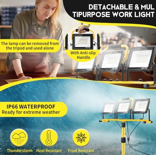 21000Lumen LED Work Lights with Stand: 3 Head Adjustable Work Light with Individual Switch - IP66 Waterproof Foldable Tripod Worklight with 16.4FT Cord for Indoor Outdoor Portable Lighting - Image 4