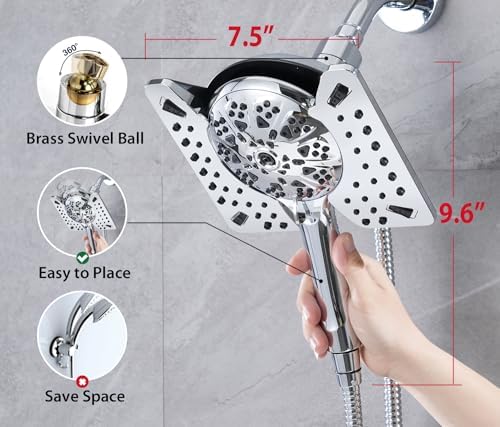 2.5 GPM Shower Head with Handheld: 2-in-1 High Pressure Shower Heads with Handheld Spray Combo 7.5" Rain Shower and 10 Spray Settings Handheld Shower Head, Detachable Showerhead with Hose - Image 5