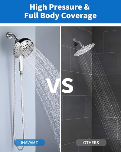 Shower Heads with Handheld Spray Combo: 7.2" Rainfall Shower Head & Handheld Shower Head 2-IN-1 Shower Head with 60" Rotatable Stainless Steel Hose Nickel, Shower Trim Systems - Image 5