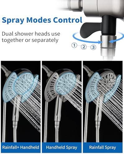 2-in-1 Shower Head With Handheld Combo: 2.5GPM Rainfall & Detachable Use Together or Alone, 9 Spray Settings Hand Held With Hose, Nickel - Image 5