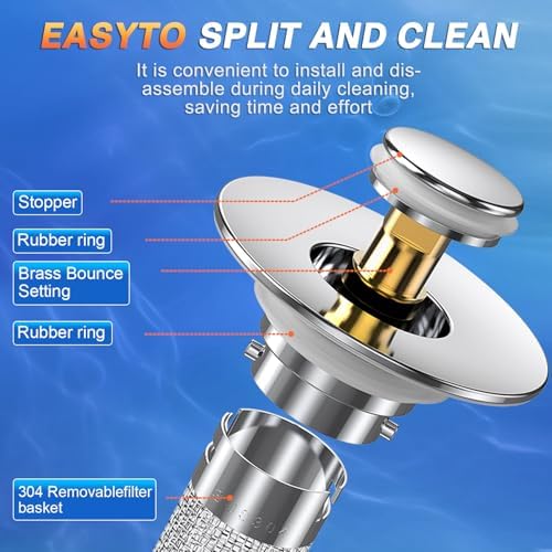 Bathroom Sink Drain Strainer, Pop-up Sink Drain Strainer with Removable Stainless Steel Strainer Basket Hair Catcher, Bathroom Sink Strainer for Bathroom Sink Stopper Replacement.(2PCS) - Image 4