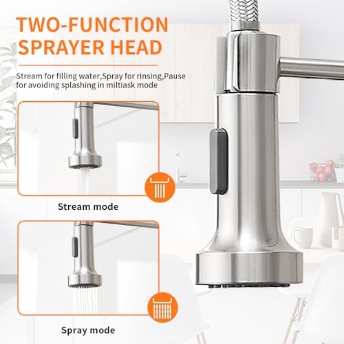 OWOFAN Kitchen Faucet with Pull Down Sprayer Industrial 1 Handle 1 Hole Or 3 Hole Faucet for Farmhouse Camper Laundry Utility Rv Wet Bar Sinks Stainless Steel Brushed Nickel - Image 7