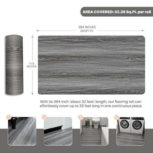 Wood Grain Peel and Stick Floor Tiles – 11.8” Width, Full Roll Length of 394" – Versatile Design for Any Space, Grey Self Adhesive Vinyl Flooring, Waterproof and Non-Slip Features - Image 3