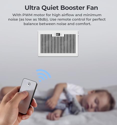 Quiet Register Booster Fan Fits 6" x 10" Register Holes, 10-Speed Smart Heating Cooling AC Vent Fan with Remote Control and Thermostat Control - White - Image 5