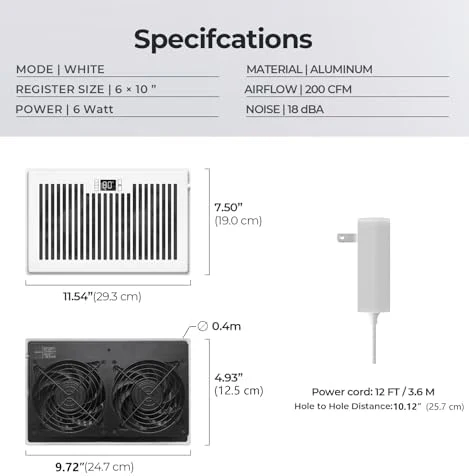 Quiet Register Booster Fan Fits 6" x 10" Register Holes, 10-Speed Smart Heating Cooling AC Vent Fan with Remote Control and Thermostat Control - White - Image 6