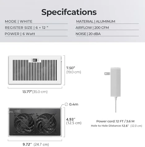 Quiet Register Booster Fan Fits 6" x 12" Register Holes, 10-Speed Smart Heating Cooling AC Vent Fan with Remote Control and Thermostat Control - White - Image 6