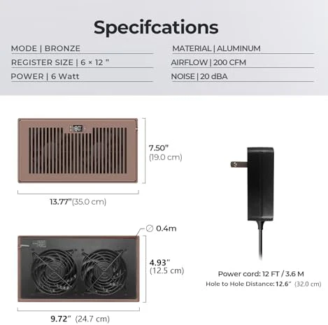 Quiet Register Booster Fan Fits 6" x 12" Register Holes, 10-Speed Smart Heating Cooling AC Vent Fan with Remote Control and Thermostat Control - Bronze - Image 6