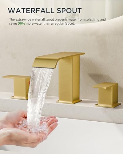 FORIOUS Brushed Gold Bathroom Sink Faucets 3 Hole Widespread, 2 Handles Bathroom Faucet with Pop-up Drain and Flexible Hot and Cold Water Hoses, Suitable for Vanity RV Restroom - Image 3