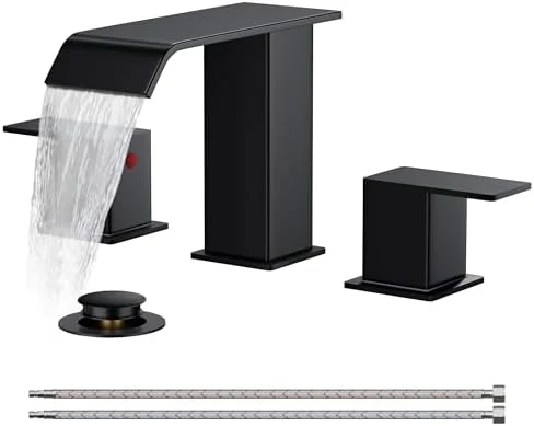 FORIOUS Matte Black Waterfall Bathroom Faucets 3 Hole, 8 Inch Widespread 2 Handles Bathroom Sink Faucet with Pop-up Drain and Flexible Hot and Cold Water Hoses, Suitable for Vanity RV Restroom