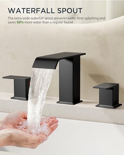 FORIOUS Matte Black Waterfall Bathroom Faucets 3 Hole, 8 Inch Widespread 2 Handles Bathroom Sink Faucet with Pop-up Drain and Flexible Hot and Cold Water Hoses, Suitable for Vanity RV Restroom - Image 2