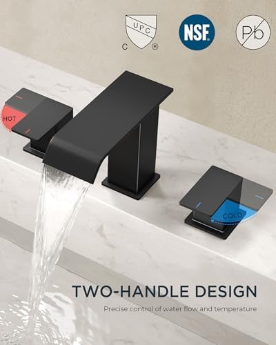 FORIOUS Matte Black Waterfall Bathroom Faucets 3 Hole, 8 Inch Widespread 2 Handles Bathroom Sink Faucet with Pop-up Drain and Flexible Hot and Cold Water Hoses, Suitable for Vanity RV Restroom - Image 3