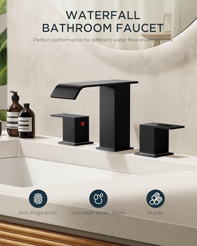 FORIOUS Matte Black Waterfall Bathroom Faucets 3 Hole, 8 Inch Widespread 2 Handles Bathroom Sink Faucet with Pop-up Drain and Flexible Hot and Cold Water Hoses, Suitable for Vanity RV Restroom - Image 5