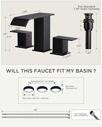 FORIOUS Matte Black Waterfall Bathroom Faucets 3 Hole, 8 Inch Widespread 2 Handles Bathroom Sink Faucet with Pop-up Drain and Flexible Hot and Cold Water Hoses, Suitable for Vanity RV Restroom - Image 7