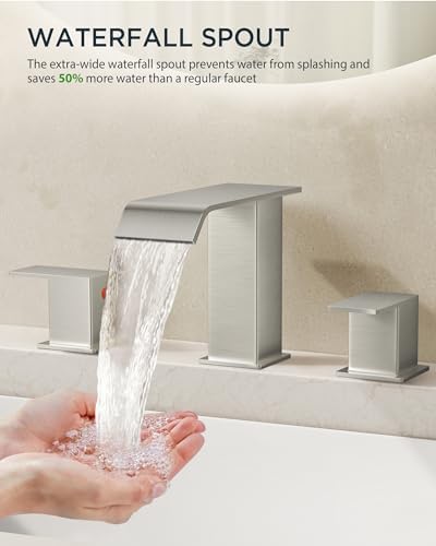 FORIOUS Widespread Bathroom Sink Faucet 3 Hole Brushed Nickel, 2 Handles Waterfall Bathroom Faucet with Metal Pop-up Drain and 24" Hot and Cold Water Hoses, Suitable for Vanity RV Restroom - Image 2