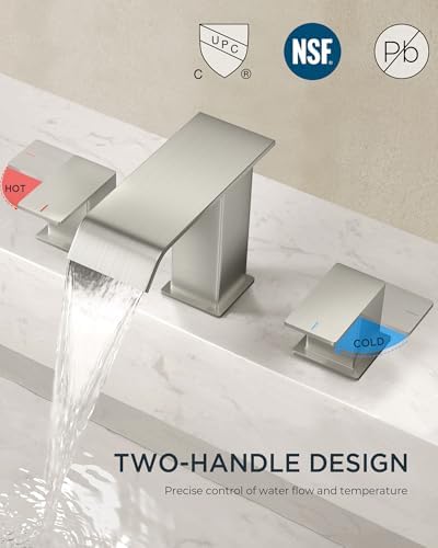 FORIOUS Widespread Bathroom Sink Faucet 3 Hole Brushed Nickel, 2 Handles Waterfall Bathroom Faucet with Metal Pop-up Drain and 24" Hot and Cold Water Hoses, Suitable for Vanity RV Restroom - Image 4