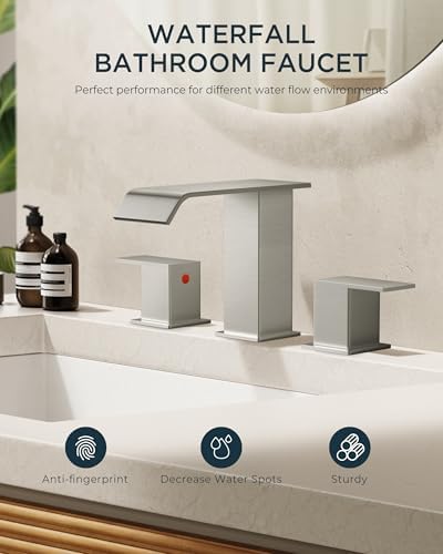 FORIOUS Widespread Bathroom Sink Faucet 3 Hole Brushed Nickel, 2 Handles Waterfall Bathroom Faucet with Metal Pop-up Drain and 24" Hot and Cold Water Hoses, Suitable for Vanity RV Restroom - Image 5