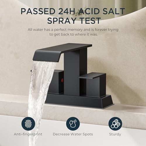 FORIOUS Square Waterfall Matte Black Bathroom Faucets 3 or 2 Hole for 4 Inch Centerset Sink with Metal Pop Up Drain and Hose, Double Handle Operation, Suitable for Vanity RV Restroom Remodel - Image 2