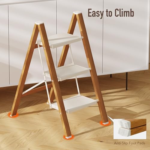 3 Step Lightweight Aluminum Folding Ladder, Portable Step Stool with Wide Anti-Slip Pedals, 330 lbs Capacity for Home,Cleaning Tasks（White&Woodgrain） - Image 4