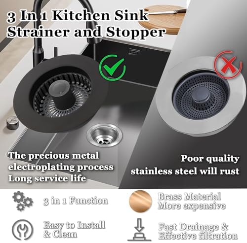 3 in 1 Kitchen Sink Stopper, Pop Up Kitchen Sink Drain Strainer, with an Extra Basket Strainer, Kitchen Sink Drain Stopper for US Standard 3-1/2 Inch, Brass Material Electroplate Black - Image 4