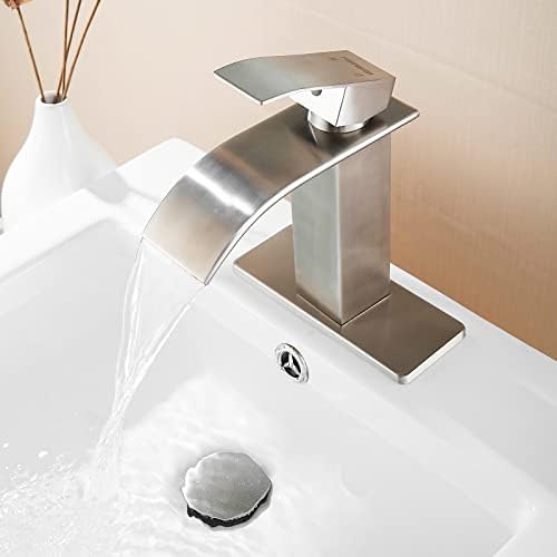FRANSITON Brushed Nickel Waterfall Bathroom Faucet Lavatory Single Handle 1 or 3 Hole Bathroom Sink Faucet Washbasin Faucet with Deck and Pop-up Drain (Brushed Nickel- Set of 2, Short) - Image 7