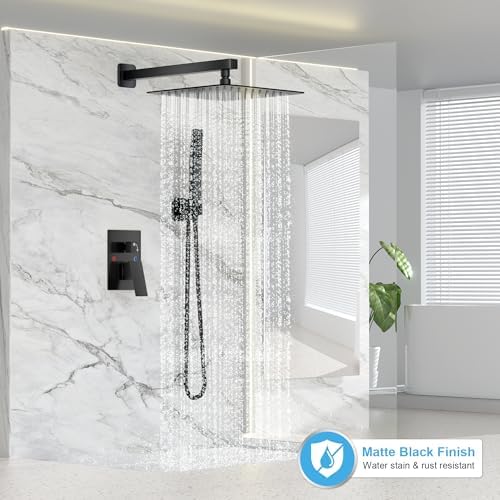 Black Shower Faucet Set, Rainfall Shower System with Square Shower Head and Handle Set, Wall Mounted Shower Fixtures, Full Metal Trim Repair Kit 12 inch Matte Black (With Shower Valve) - Image 2