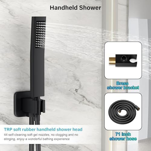Black Shower Faucet Set, Rainfall Shower System with Square Shower Head and Handle Set, Wall Mounted Shower Fixtures, Full Metal Trim Repair Kit 12 inch Matte Black (With Shower Valve) - Image 4