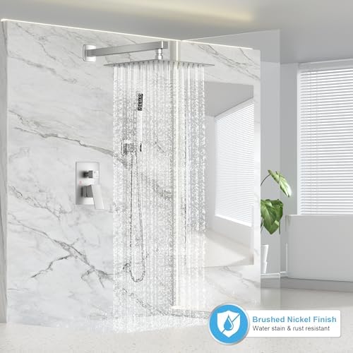 Shower Faucet Set Bathroom Square Rain Shower Head and Handle Set, Wall Mounted Shower Fixtures, Full Metal Trim Repair Kit 10 inch Brushed Nickel (With Shower Valve) - Image 2