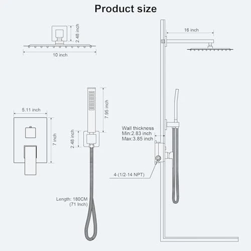 Shower Faucet Set Bathroom Square Rain Shower Head and Handle Set, Wall Mounted Shower Fixtures, Full Metal Trim Repair Kit 10 inch Brushed Nickel (With Shower Valve) - Image 7