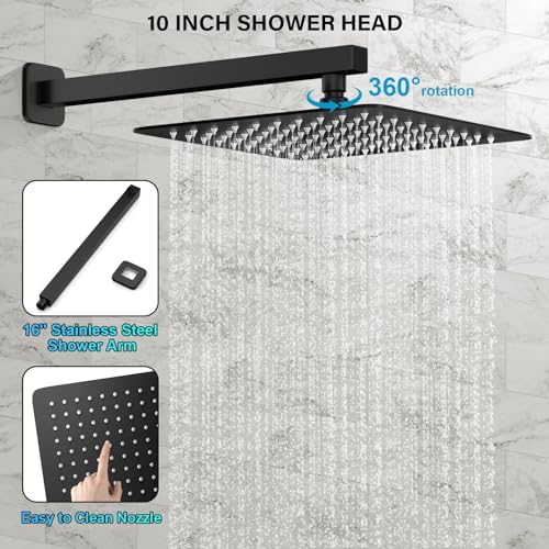 Black Shower Faucet Set, Rainfall Shower System with Square Shower Head and Handle Set, Wall Mounted Shower Fixtures, Full Metal Trim Repair Kit 10 inch Matte Black (With Shower Valve) - Image 4