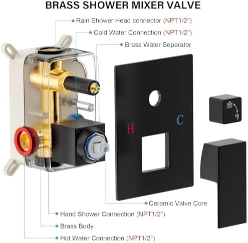 Black Shower Faucet Set, Rainfall Shower System with Square Shower Head and Handle Set, Wall Mounted Shower Fixtures, Full Metal Trim Repair Kit 10 inch Matte Black (With Shower Valve) - Image 6