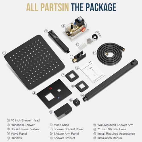 Black Shower Faucet Set, Rainfall Shower System with Square Shower Head and Handle Set, Wall Mounted Shower Fixtures, Full Metal Trim Repair Kit 10 inch Matte Black (With Shower Valve) - Image 8