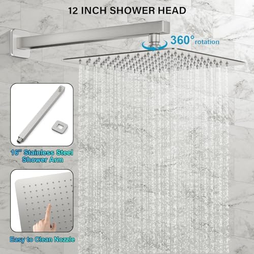 Shower Faucet Set Bathroom Square Rain Shower Head and Handle Set, Wall Mounted Shower Fixtures, Full Metal Trim Repair Kit 12 inch Brushed Nickel (With Shower Valve) - Image 3