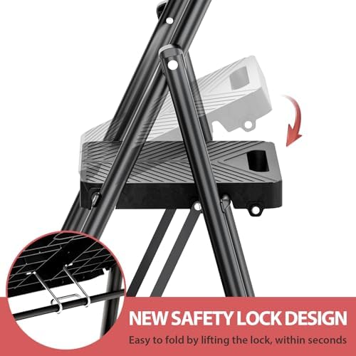 KINGRACK 2 Step Ladder, Folding Step Stool with Safe-Lock Design, 500 lbs Sturdy Steel Ladder with Wide Anti-Slip Pedal, Convenient Handrail for Household and Kitchen, Black - Image 2