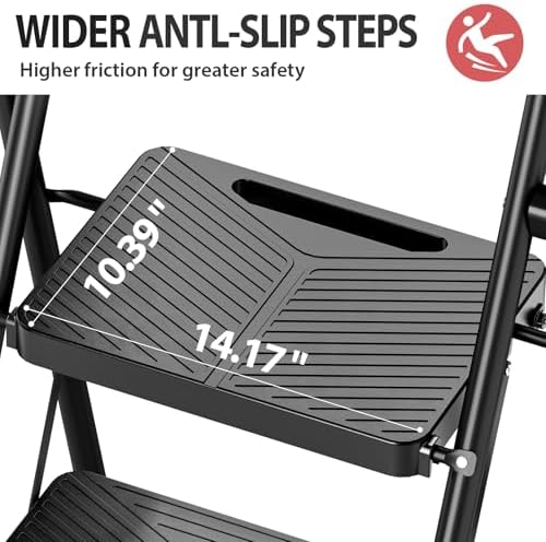 KINGRACK 2 Step Ladder, Folding Step Stool with Safe-Lock Design, 500 lbs Sturdy Steel Ladder with Wide Anti-Slip Pedal, Convenient Handrail for Household and Kitchen, Black - Image 3
