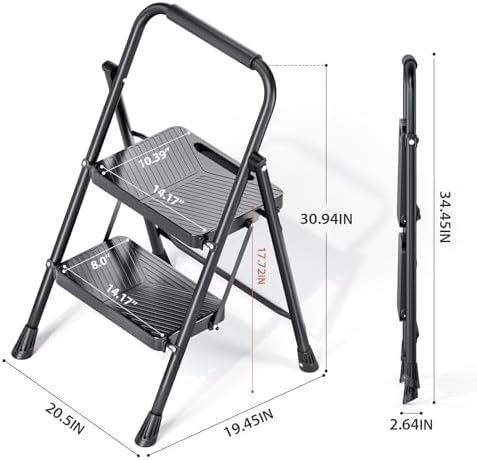 KINGRACK 2 Step Ladder, Folding Step Stool with Safe-Lock Design, 500 lbs Sturdy Steel Ladder with Wide Anti-Slip Pedal, Convenient Handrail for Household and Kitchen, Black - Image 5