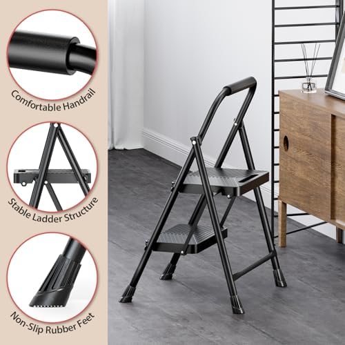 KINGRACK 2 Step Ladder, Folding Step Stool with Safe-Lock Design, 500 lbs Sturdy Steel Ladder with Wide Anti-Slip Pedal, Convenient Handrail for Household and Kitchen, Black - Image 7