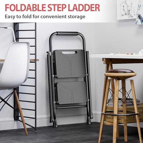 KINGRACK 2 Step Ladder, Folding Step Stool with Safe-Lock Design, 500 lbs Sturdy Steel Ladder with Wide Anti-Slip Pedal, Convenient Handrail for Household and Kitchen, Black - Image 8