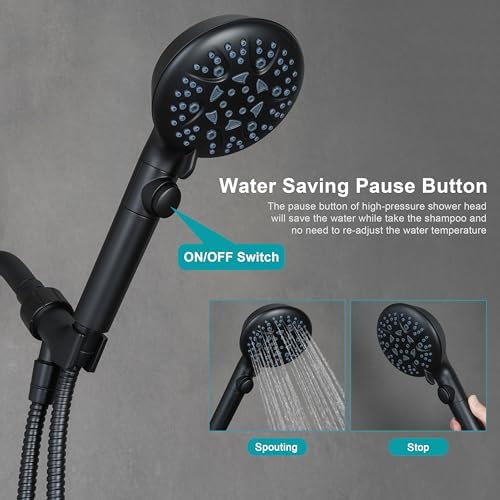 Handheld Shower Head with On Off Switch,8-mode High Pressure Shower Wand with Long Hose and Bracket Extra Adhesive Holder for Lower Mount,Built-in Power Wash to Clean Tub,Tile & Pets,Black… - Image 3