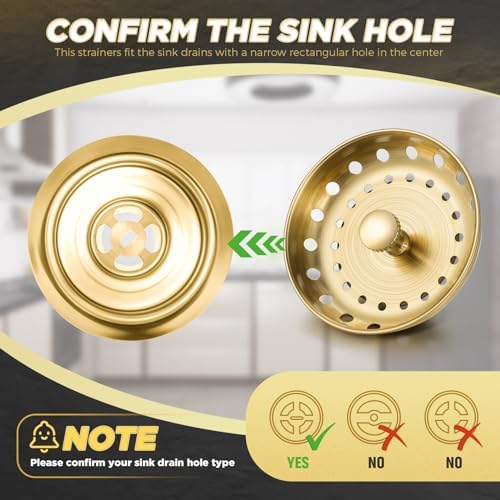 Mudder 3 Pcs Kitchen Sink Drain Strainer and Stopper Stainless Steel Garbage Disposal Plug with Handle Universal Anti-Clogging Kitchen Sink Filter Sieve Basket Strainer(Brushed Gold) - Image 3