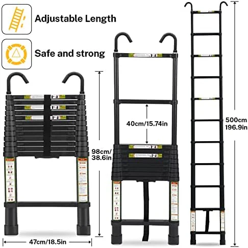 Telescopic Ladder, 16.5FT RIKADE Aluminum Telescoping Ladder with Stable Hook and Non-Slip Feet, Portable Extension Ladder for Household and Outdoor 330lb Capacity - Image 2