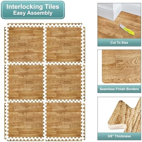 Sorbus 48Sq. Ft. Wood Grain Floor Tiles Foam Mat EVA Interlocking Mats Tile 3/8-Inch Thick Flooring Wood Puzzle Exercise Mats w/Borders - Home Playroom Basement, Apartment, Trade Show, Baby, Dance - Image 6