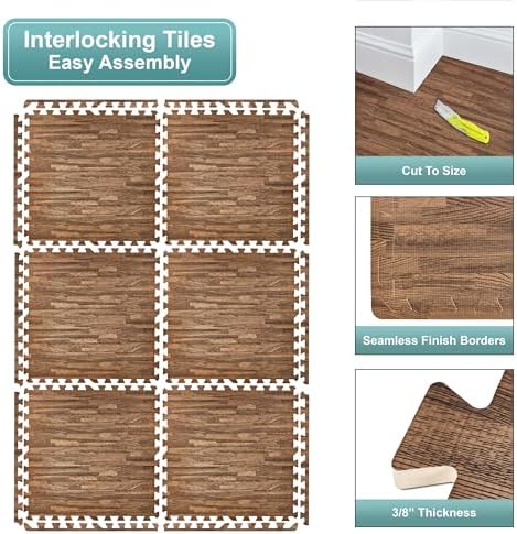Sorbus 48Sq. Ft. Wood Grain Floor Tiles Foam Mat EVA Interlocking Mats Tile 3/8-Inch Thick Flooring Wood Puzzle Exercise Mats w/Borders - Home Playroom Basement, Apartment, Trade Show, Baby, Dance - Image 6