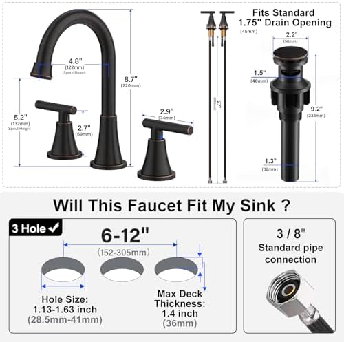 Bathroom Faucets for Sink 3 Hole, Hurran Oil Rubbed Bronze Bathroom Sink Faucet with Pop-up Drain and Supply Lines, Stainless Steel Lead-Free Widespread Faucet for Vanity RV Farmhouse - Image 5