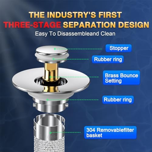 Bathroom Sink Drain Strainer, Pop Up Sink Drain Filter with Removable Stainless Steel Filter Basket Hair Catcher, Bathroom Sink Drain Stopper, for Us Bathroom Sink Stopper Replacement (2pcs) - Image 2