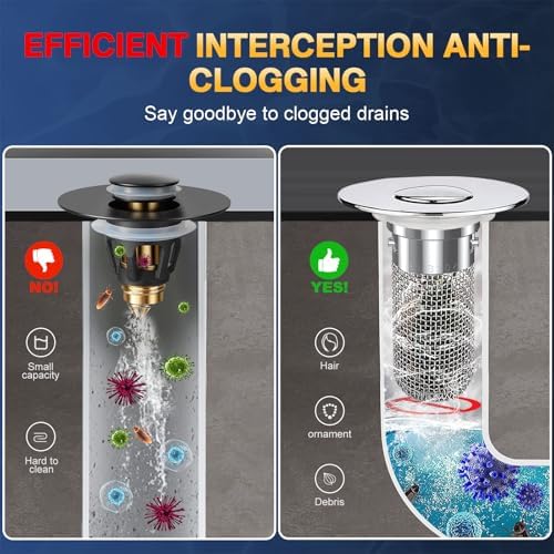 Bathroom Sink Drain Strainer, Pop Up Sink Drain Filter with Removable Stainless Steel Filter Basket Hair Catcher, Bathroom Sink Drain Stopper, for Us Bathroom Sink Stopper Replacement (2pcs) - Image 3
