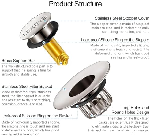 LEKEYE Tub Stopper | Shower Drain Hair Catcher | Pop-up Drain Stopper with Strainer | Bathroom Bathtub Plug | Drain Protector for 1-1/2 to 1-3/4" Bath Drain Hole - Brushed Nickel - Image 8